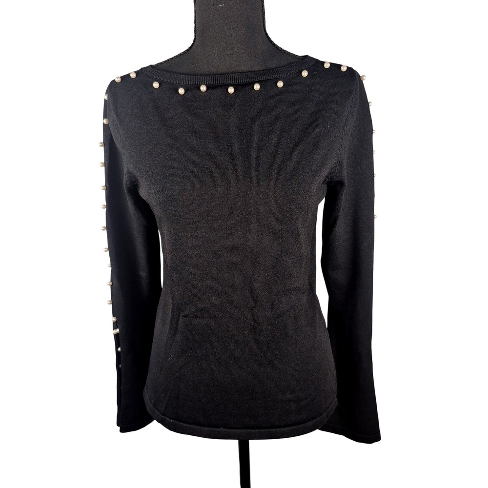 Venus Pearl Embellished Top Women Size M Minimalist Knit Split Cuff Black Preppy
